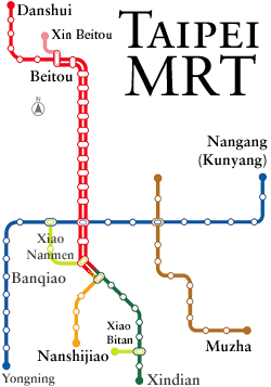 Taipei MRT map, with line names in Pinyin